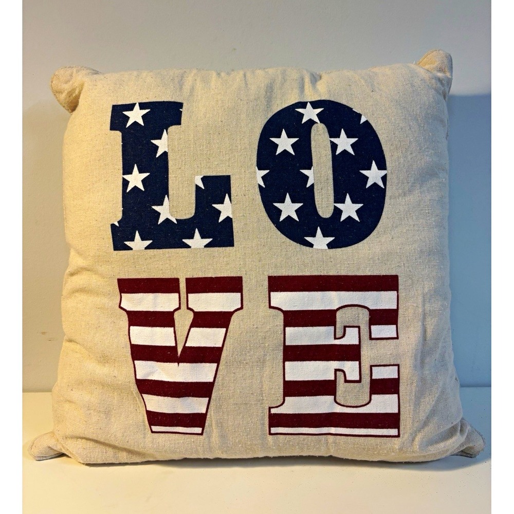 Patriotic LOVE Square Decorative Pillow Cotton Textured 15x15 Vintage Americana